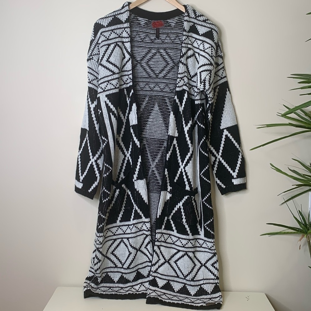 Celsius Premium | Black White Knit Open Front Aztec Pocket Cardigan Sweater L